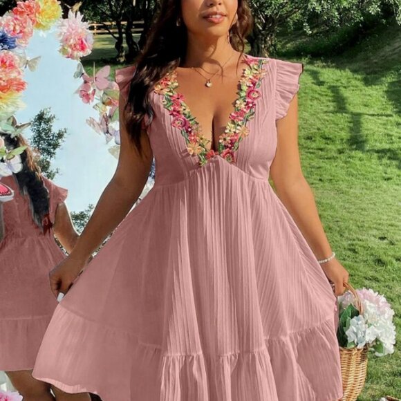 NEW SHEIN Plus 2XL V-Neck Embroidered Trim Textured Holiday Summer Dress Plunge - Picture 2 of 9